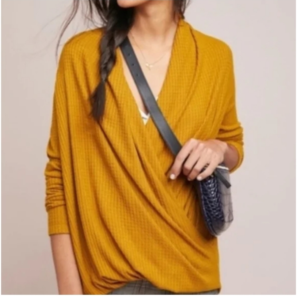 Akemi And Kin Woodruff Oversized Fall Mustard Waffle Knit Wrap Around Sweater